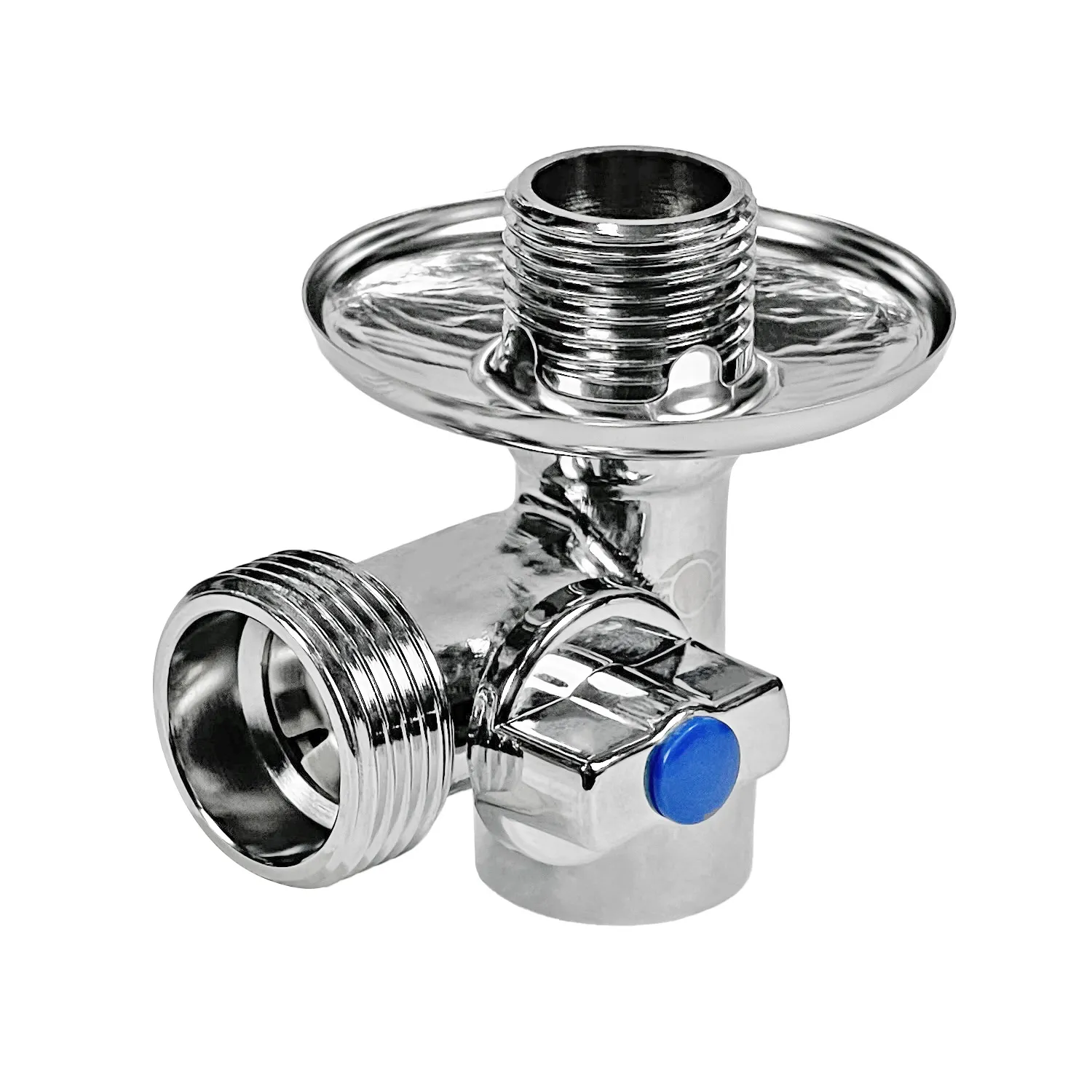 Кран шаровой трехпроходной Valfex 1/2" х 3/4" х 1/2" никелированный правый с отражателем — фото 1