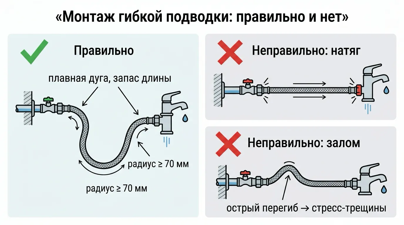 Ошибки монтажа гибкого шланга для воды: натяг и перегиб против плавной дуги