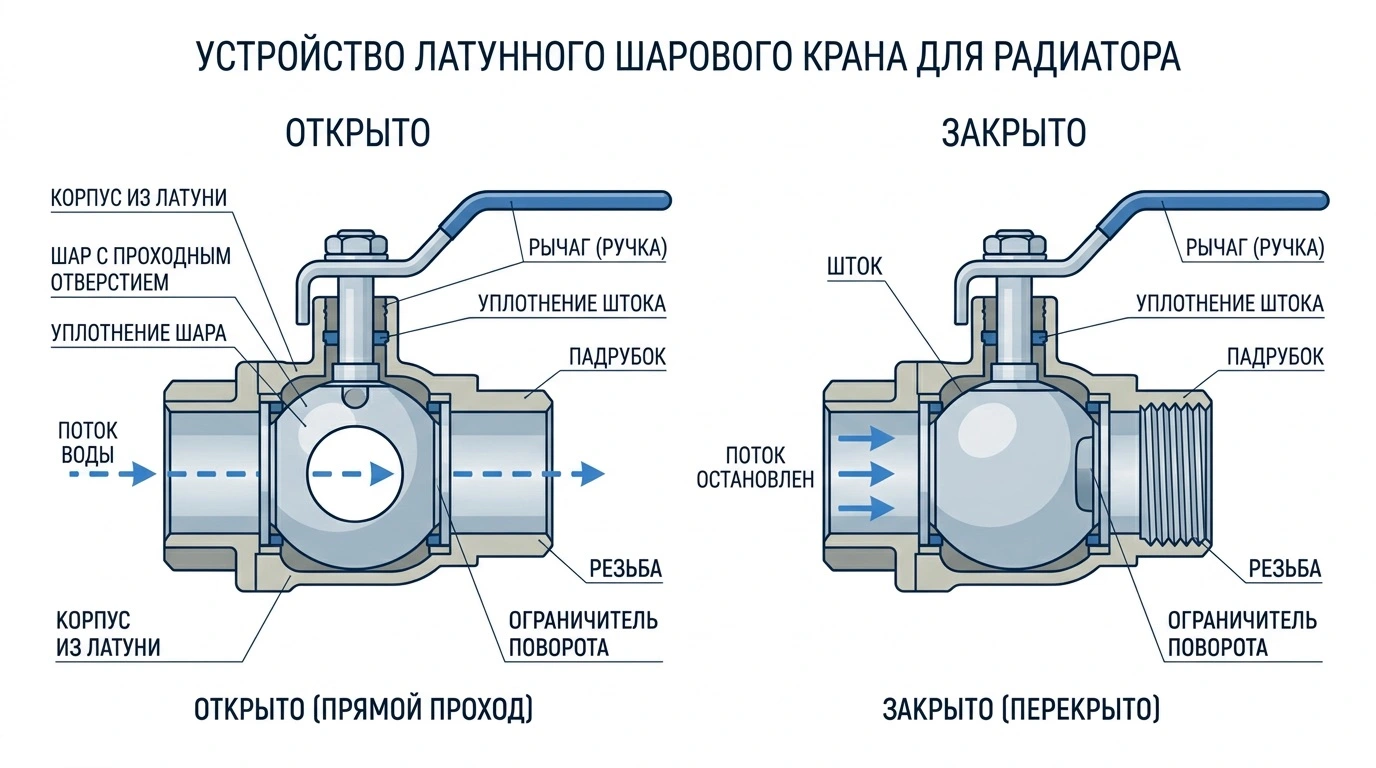 Шаровый кран для радиатора отопления: латунный корпус с рукояткой